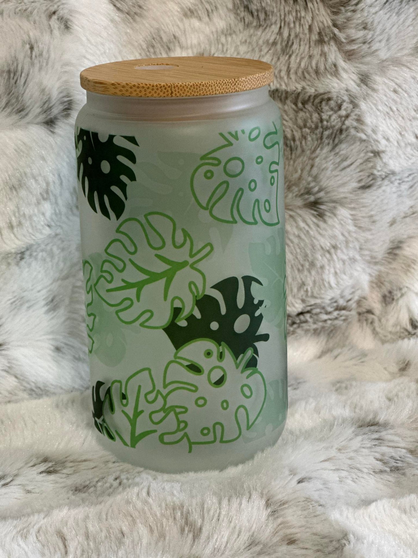 Frosted 16oz Glass Can w/ Bamboo Lid & Straw