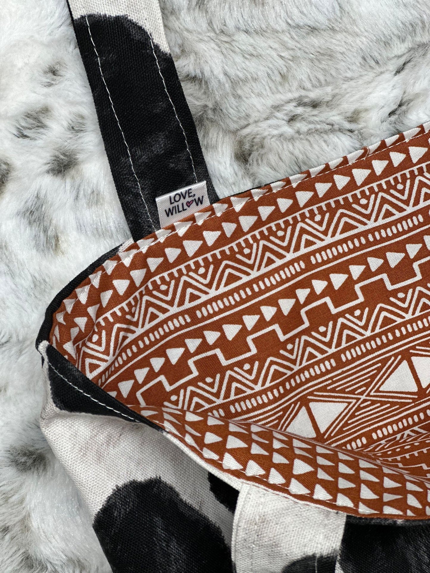 Reversible Fabric Tote Bag - Boho Cow Print