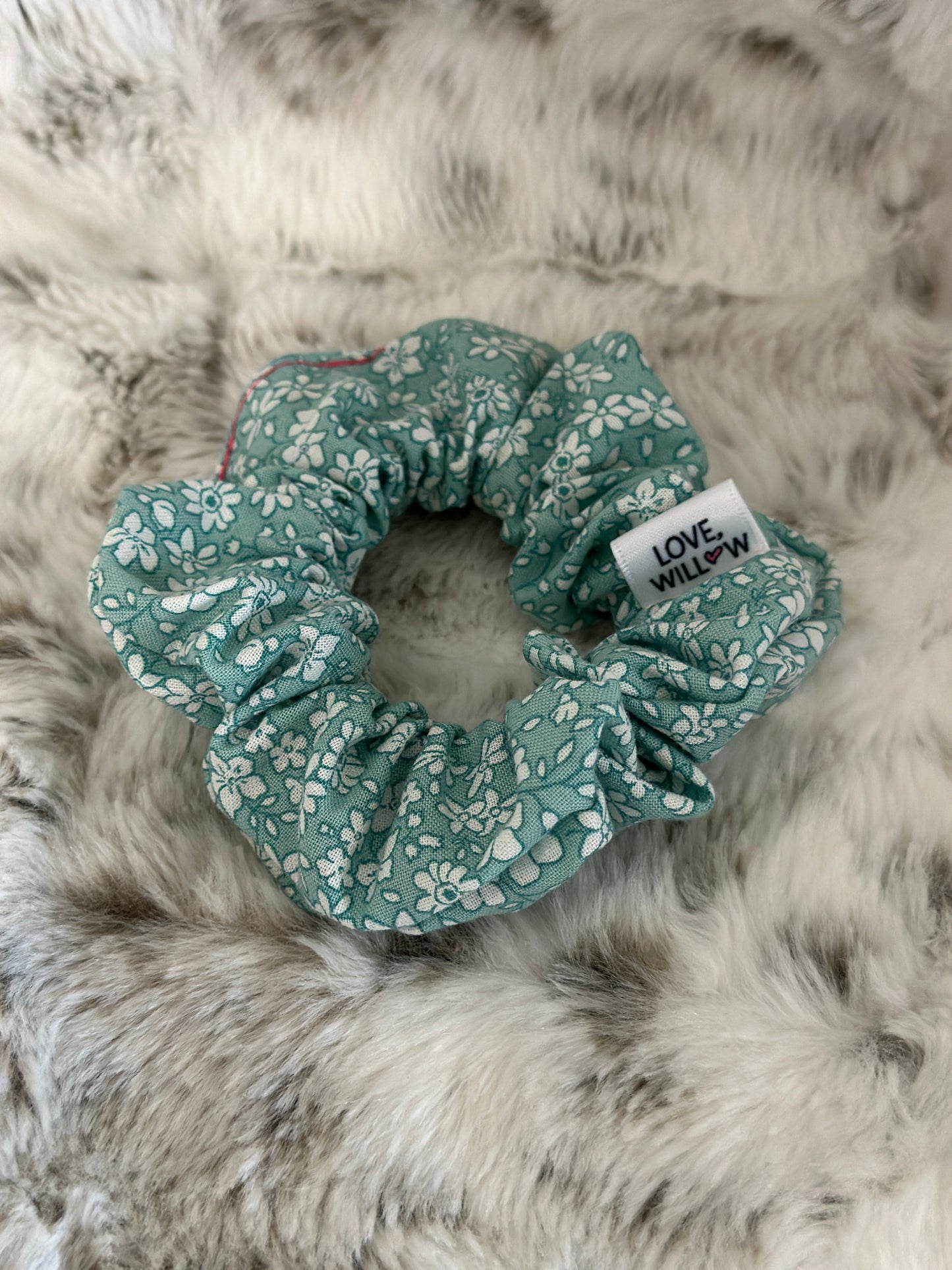 White Flowers on Blue Scrunchie