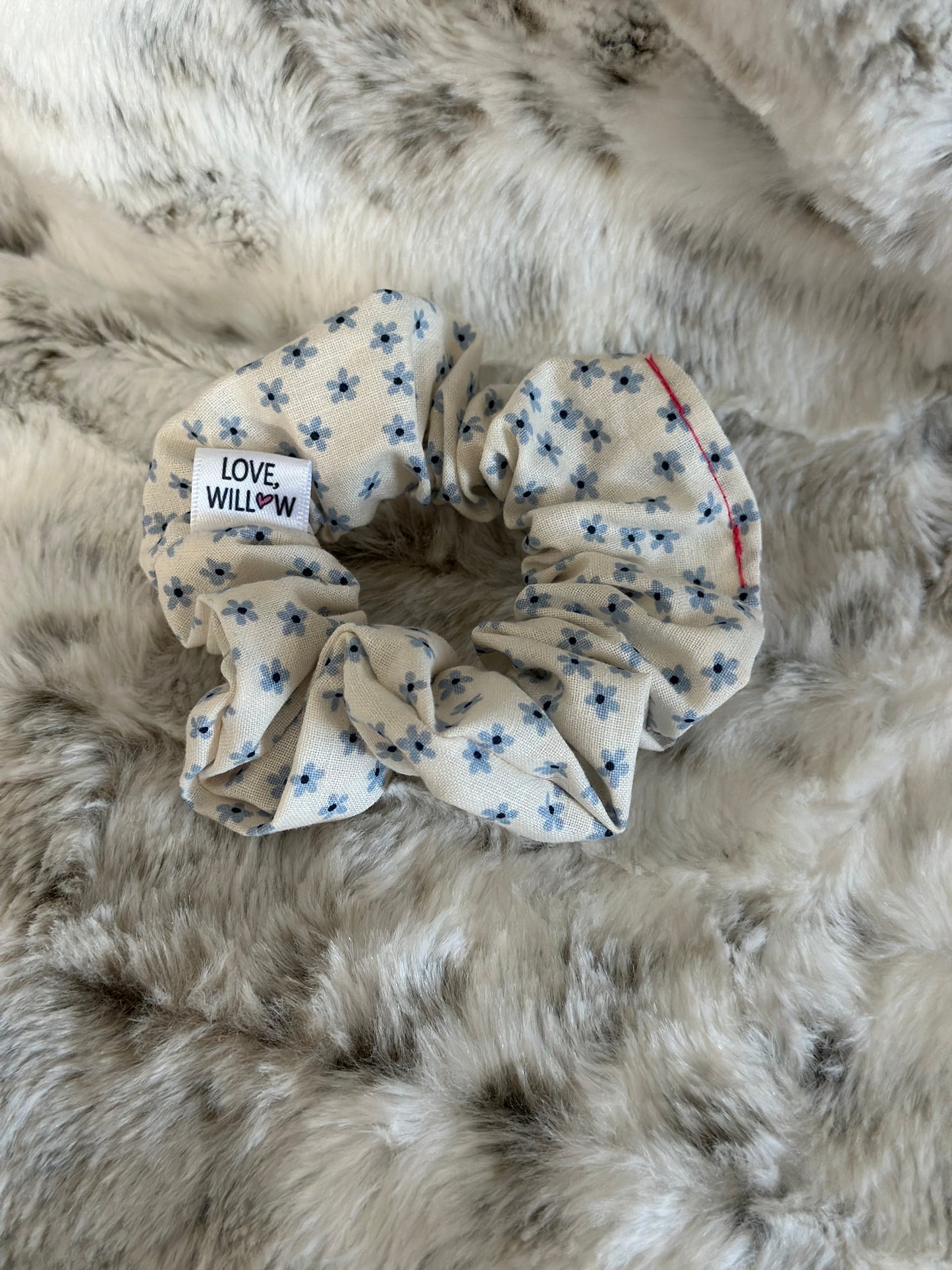 Tiny Blue Daisy on White Scrunchie