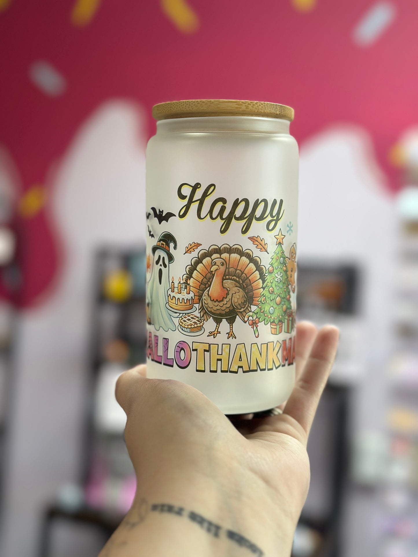 Happy Halloween-Thank-Mas, 16oz Glass Cup