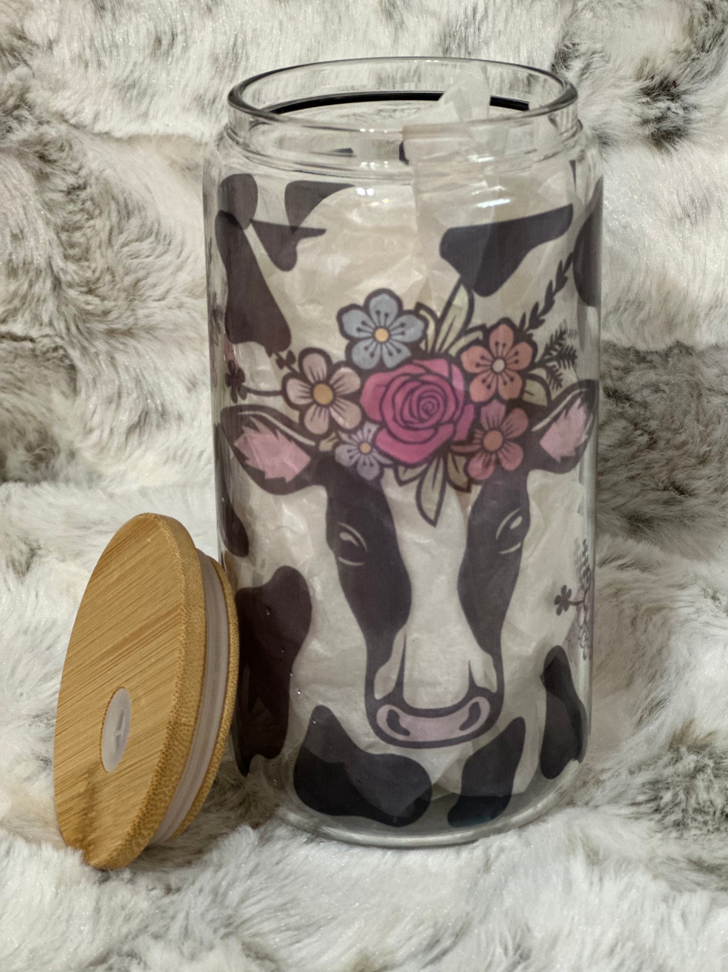 Clear 16oz Glass Can w/ Bamboo Lid & Straw