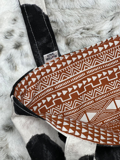 Reversible Fabric Tote Bag - Boho Cow Print