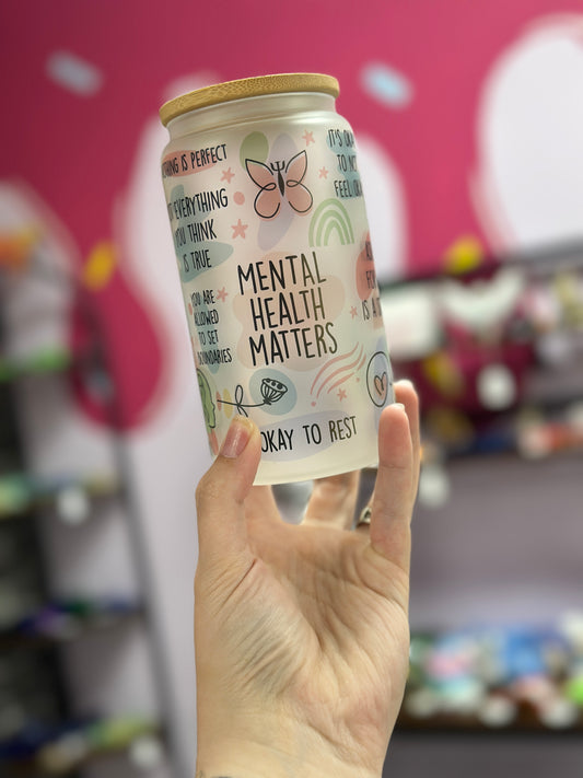 Mental Health Affirmation, 16oz, Glass Can Cup w/ Bamboo lid & straw