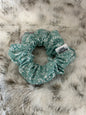 White Flowers on Blue Scrunchie