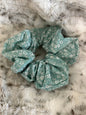 White Flowers on Blue Scrunchie