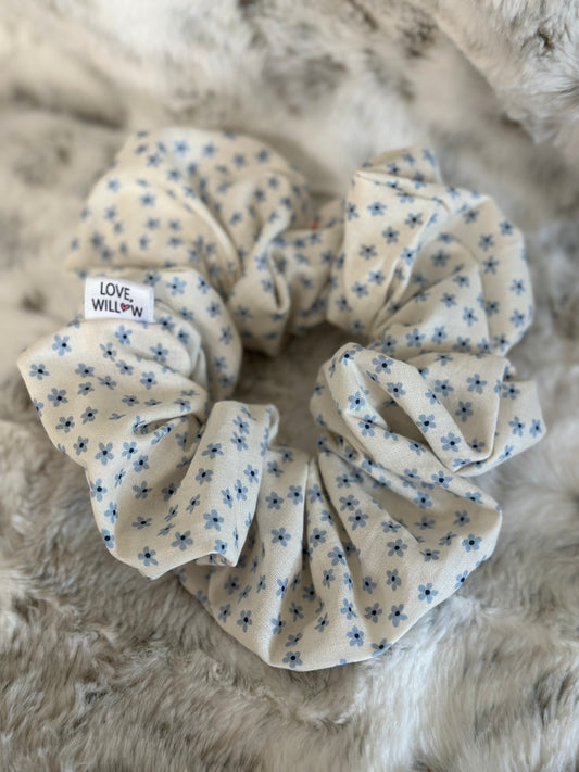 Tiny Blue Daisy on White Scrunchie